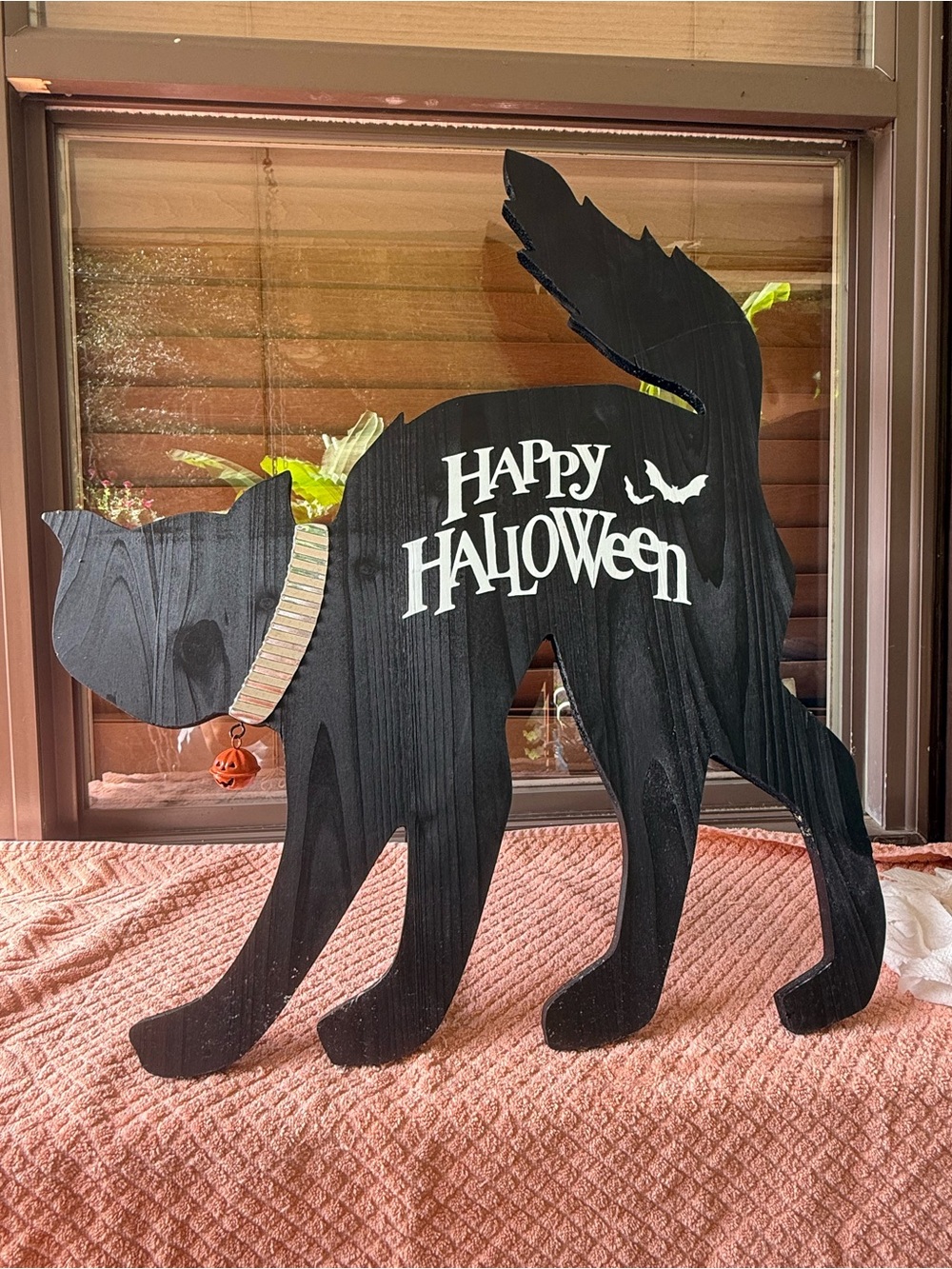 Black 'Happy Halloween' Standing Cat Décor with Collar Bell